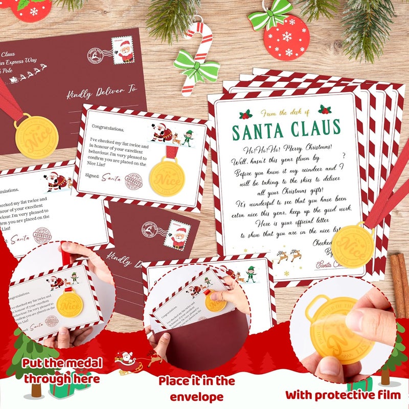 TICIAGA 12 Pack Christmas Official Letter and Certificate from Santa Claus, Included Santa Nice List Medal with Red Neck Ribbon Certificate North Pole and Envelopes for Kids Xmas Family Party Favors - Image 3